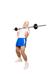 Fototapeta na wymiar Full length of confident cool grandpa with serious grimace exercising holding equipment, lifts it up, wears sexy shorts, sneakers. Body care, hobby, weight loss, deadlift, powerlifting, pressure
