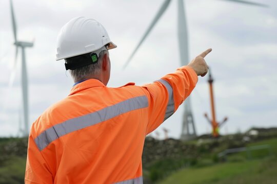 engineer with hard hat pointing at a turbine foundation