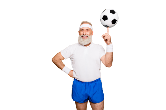 Bodycare, healthcare, weight loss, pride, strength, leadership, motivation, happiness, authority, gym concept. Cool funny modern competetive pensioner, leader, champion plays with ball