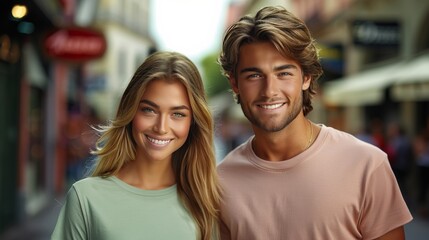 A man and a woman are smiling for the camera - obrazy, fototapety, plakaty