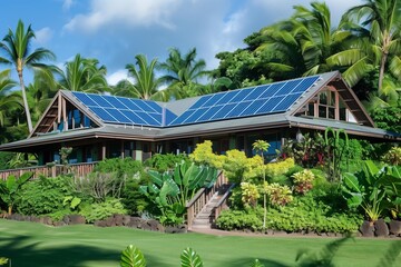 Fototapeta na wymiar tropical house with solar panels on the roof and lush landscaping