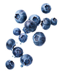 Falling blueberry, clipping path, isolated on white background, full depth of field