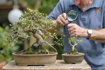 Deurstickers man with a magnifying glass inspecting a bonsai for pruning © studioworkstock