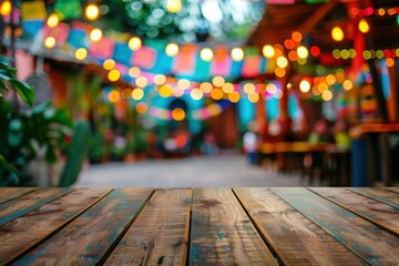 Empty wooden table and blurred colorful bokeh background. For product display. Cinco de Mayo backdrop. - obrazy, fototapety, plakaty