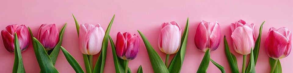 Fototapeta premium Beautiful pink tulips on pink background, flat lay. Space for text. Banner.