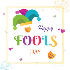 Happy fools day, mask and joker hat, celebrate jokes and hoaxes, funny prank event