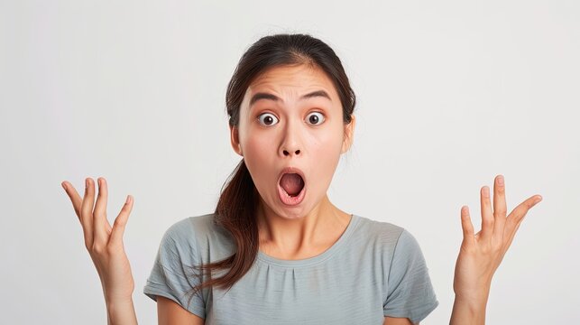 Shocked European woman while watching look above isolated white background .Image of excited screaming young woman standing isolated over orange background. Looking camera.Portrait American woma
