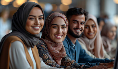 A group of people wearing head scarves are smiling and posing for a picture