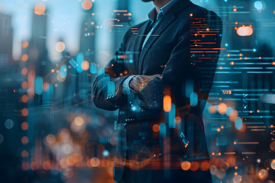 Confident Businessman with Digital Data Visualization in Futuristic Setting