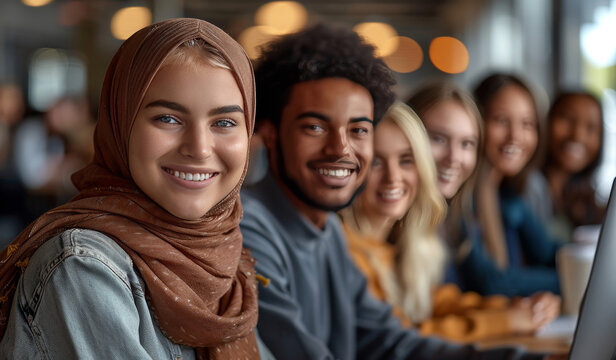 A group of people wearing head scarves are smiling and posing for a picture