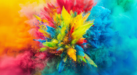 Fototapeta na wymiar Burst of multicolored dust clouds creating vibrant abstract effect. Dynamic explosion colored powder. Holy festival background