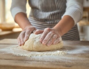 Obraz na płótnie Canvas A baker kneading a bread dough on a wooden work surface with a lot of flour