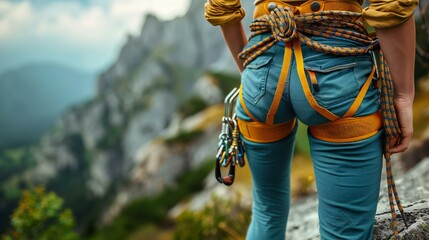 A woman is wearing blue and yellow climbing gear and is standing on a mountain. She is holding onto a rope and she is preparing for a climb