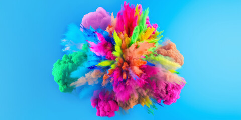 Colorful cloud of Holi powder bursting in the air against blue background