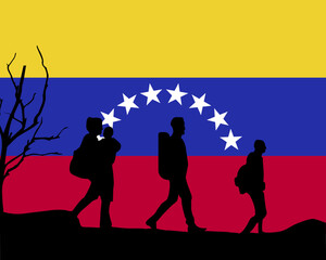 Immigration and refugees front of Venezuela flag, immigrant and refugee concept