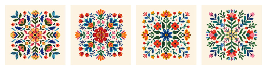 Vector set of traditional Mexican folk ornaments with symmetrical pattern of colorful flowers and leaves on light background. Floral motifs. Flat designs for textile printing, decor, packaging, cards