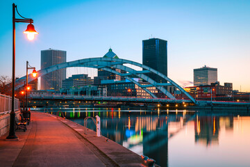 Rochester New York Skyline, Skyscrapers, Water Reflections, Court Street Bridge Arching over the...