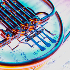 Vibrant Close-up of a Trumpet Resting on Sheet Music with Blue and Orange Tones