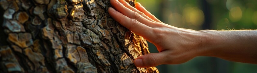 Detailed shot of a persons hand gently touching the bark of a tree, a connection with nature
