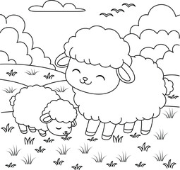 Cute kawaii sheeps is grazing on the meadow cartoon character coloring page vector illustration