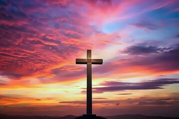 Silhouetted Cross Sunset Sky Vibrant Colors Dusk Horizon