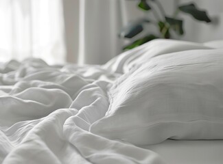 White linen bed sheets, close up shot, no people, background, high resolution photography, insanely detailed, fine details, stock photo, professional color grading, hyper realistic