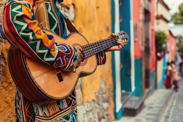 Fototapeta na wymiar Mariachi Playing Guitar In The Street, Closeup Photo, Daylight