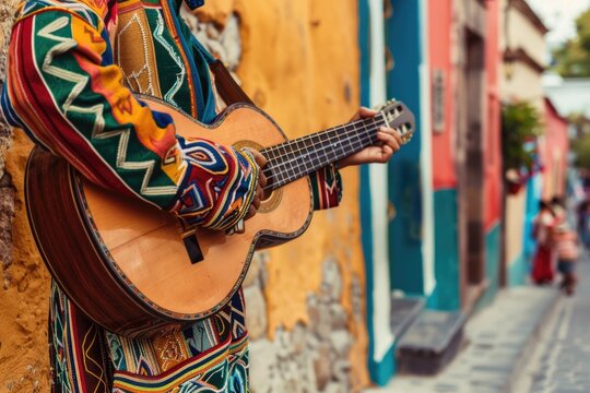 Mariachi Playing Guitar In The Street, Closeup Photo, Daylight