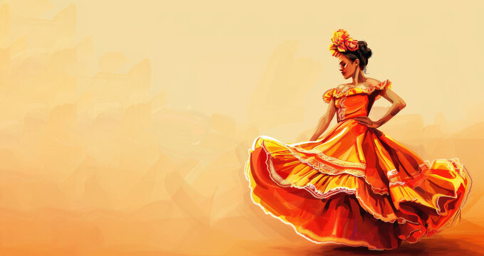 Illustration Of a Mexican Woman Dancing, Cinco de Mayo Wallpaper, Copy Space