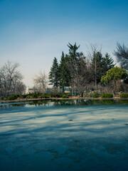 Ice crust on the lake in early spring, Botanical Garden in the city center