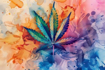 Watercolor cannabis leaf with vibrant colors and abstract background