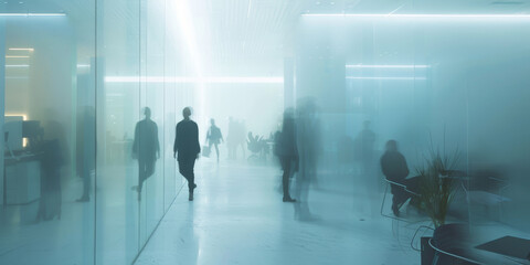 This photo captures a blurred image of people walking in an office setting. The individuals appear to be busy and on the move within the workplace environment - obrazy, fototapety, plakaty