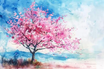 Watercolor Painting of Japanese Cherry Blossom Tree, Sakura Flowers in Spring, Asian Art