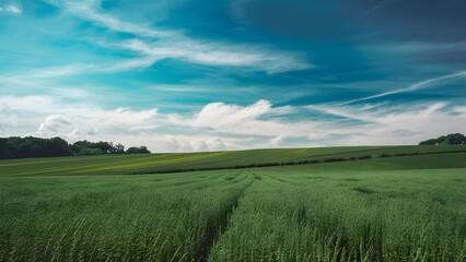 Blue skies above lush green fields, a serene countryside