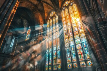 Sunlight Streaming Through Stained Glass Window in Cathedral, Architectural Photography
