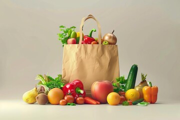 Supermarket paper bag filled with healthy fruits and vegetables, digital illustration