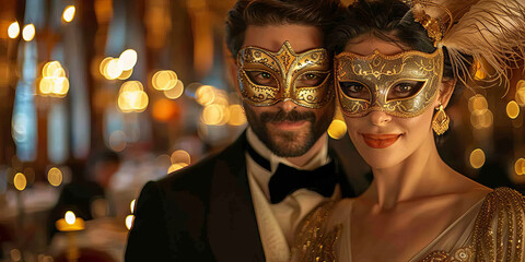 Sophisticated couple dressed in elegant evening attire wearing ornate golden masquerade masks with feathers, posing in a dimly lit ambiance.