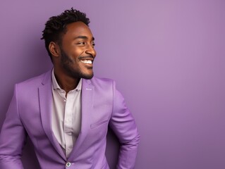 Obraz premium A man in a purple suit is smiling and looking at the camera