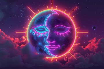 Vintage neon eclipse sun and moon aligning glowing edges retro style celestial dance in neon hues - obrazy, fototapety, plakaty