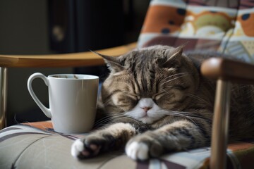 british shorthair cat sleeping on a chair, with an empty coffee cup beside