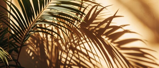 The interplay of light and shadow from tropical palm leaves creates an artistic pattern on a warm, textured wall