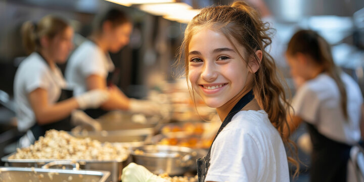 Smiling young girl wearing an apron and gloves helping in a food preparation line with other volunteers in the background