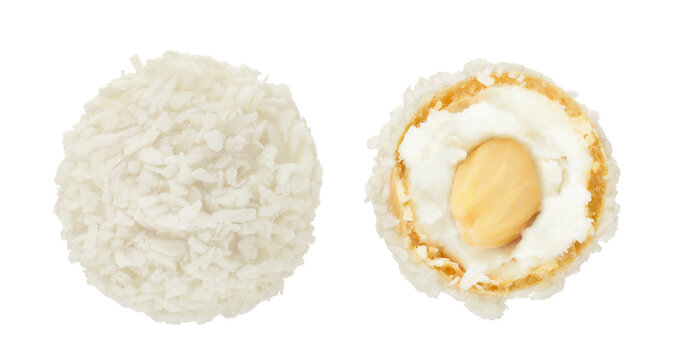 round candy raffaello with coconut flakes and nut isolated on white background. Top view. Flat lay.