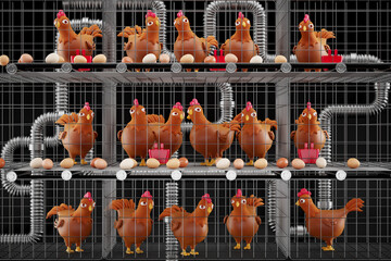 Cartoon Chickens Operating in a High-Tech Industrial Egg Production Line © Dabarti