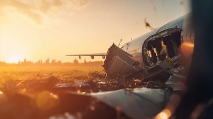 Dramatic illustration of aeroplane accident. Crashed and burnt air plane on sunset background.