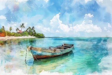 Naklejka na ściany i meble Traditional fishing boat moored in tranquil tropical lagoon, idyllic island life, watercolor sketch