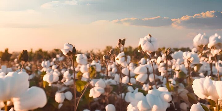 Cotton farm during harvest season. Field of cotton plants with white bolls. Sustainable and eco-friendly practice on a cotton farm. Organic farming. Raw material for textile industry 4K Video