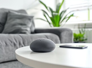 Smart speaker device in living room. Intelligent assistant in smart home system.