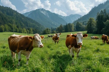 cows on the meadow in mountains - obrazy, fototapety, plakaty