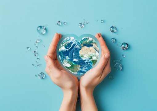 World water day concept with hands making a heart shape with planet earth on a blue background